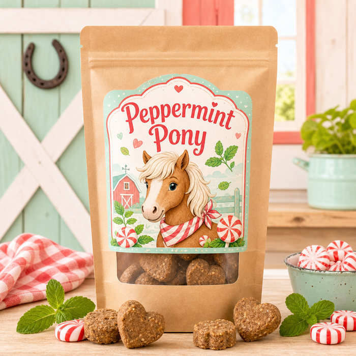 Peppermint Pony horse treats in a bright kraft pouch with mint and peppermint accents.