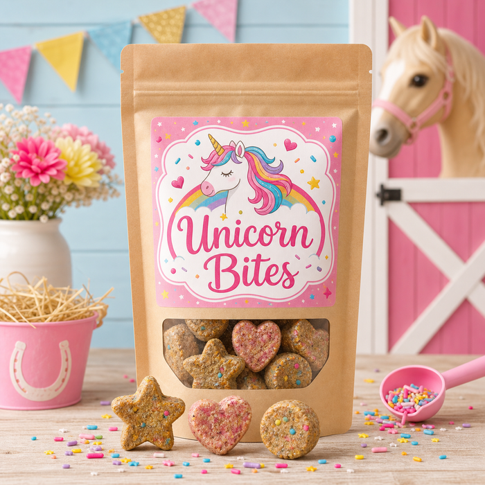 Unicorn Bites horse treats in a bright kraft pouch with rainbow and barn party accents.